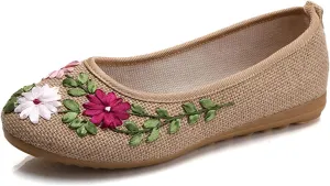 LUXINYU Women's Slip on Flats,Traditional Chinese Style Embroidered Round Toe Ballet Flats Shoes
