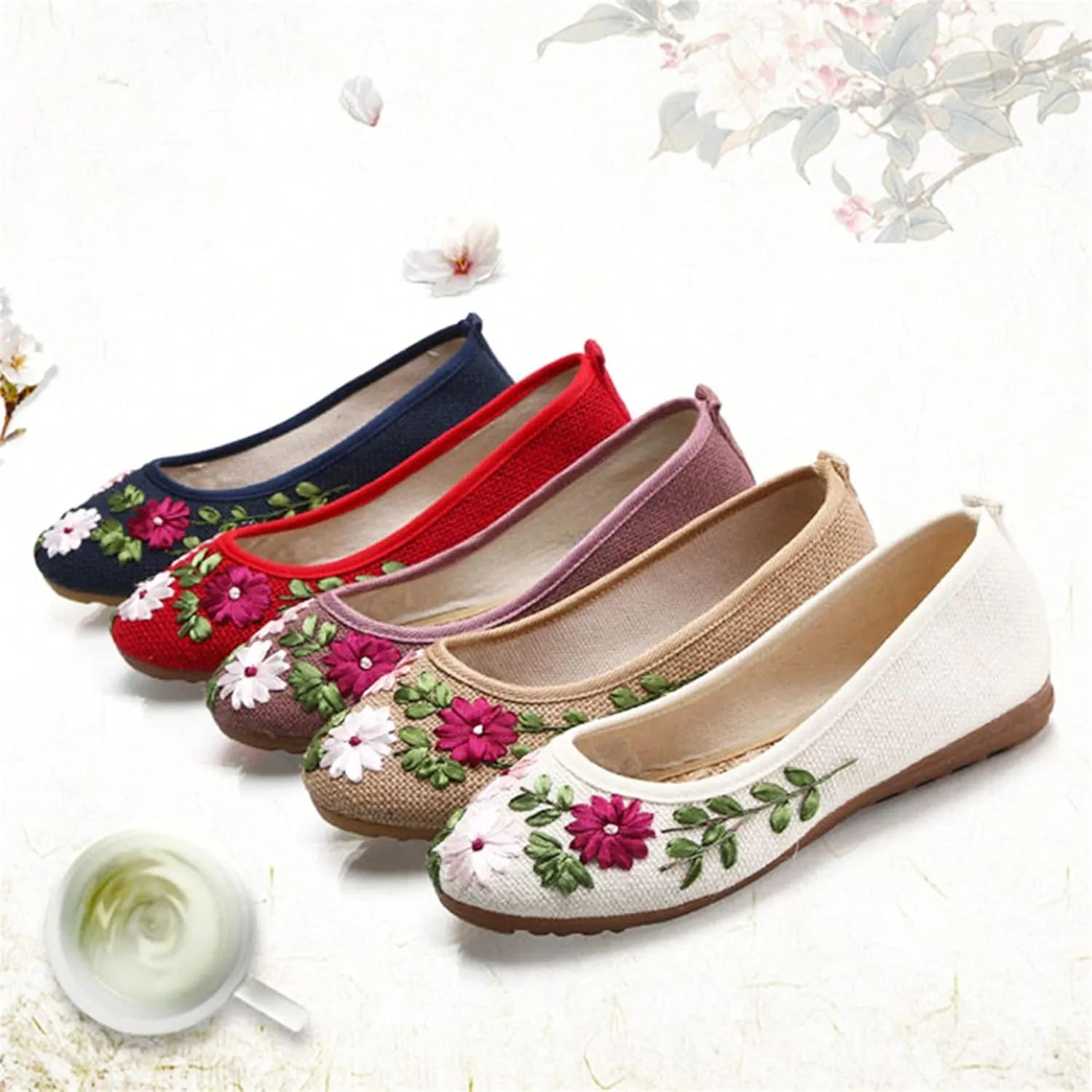 LUXINYU Women's Slip on Flats,Traditional Chinese Style Embroidered Round Toe Ballet Flats Shoes