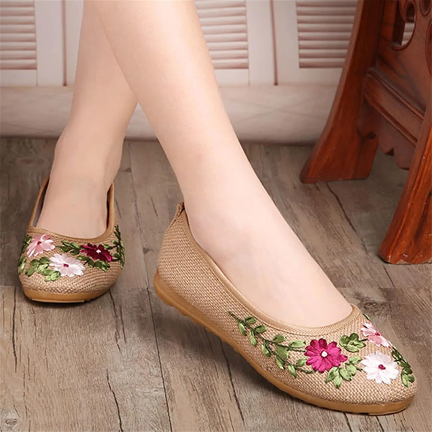 LUXINYU Women's Slip on Flats,Traditional Chinese Style Embroidered Round Toe Ballet Flats Shoes