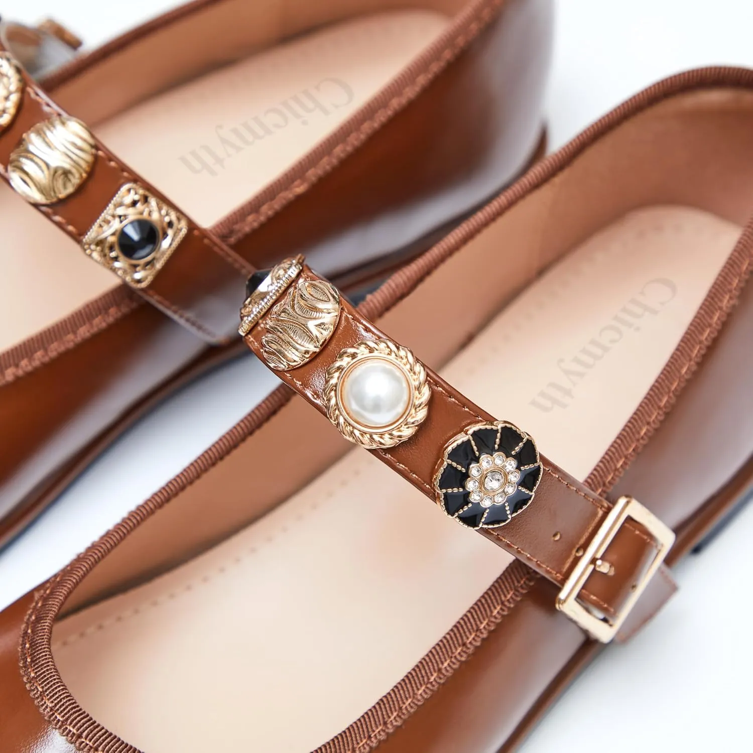 Mary Jane Flats;Round Toe Ballet Flat;Imitation Pearls;Strass & Metal