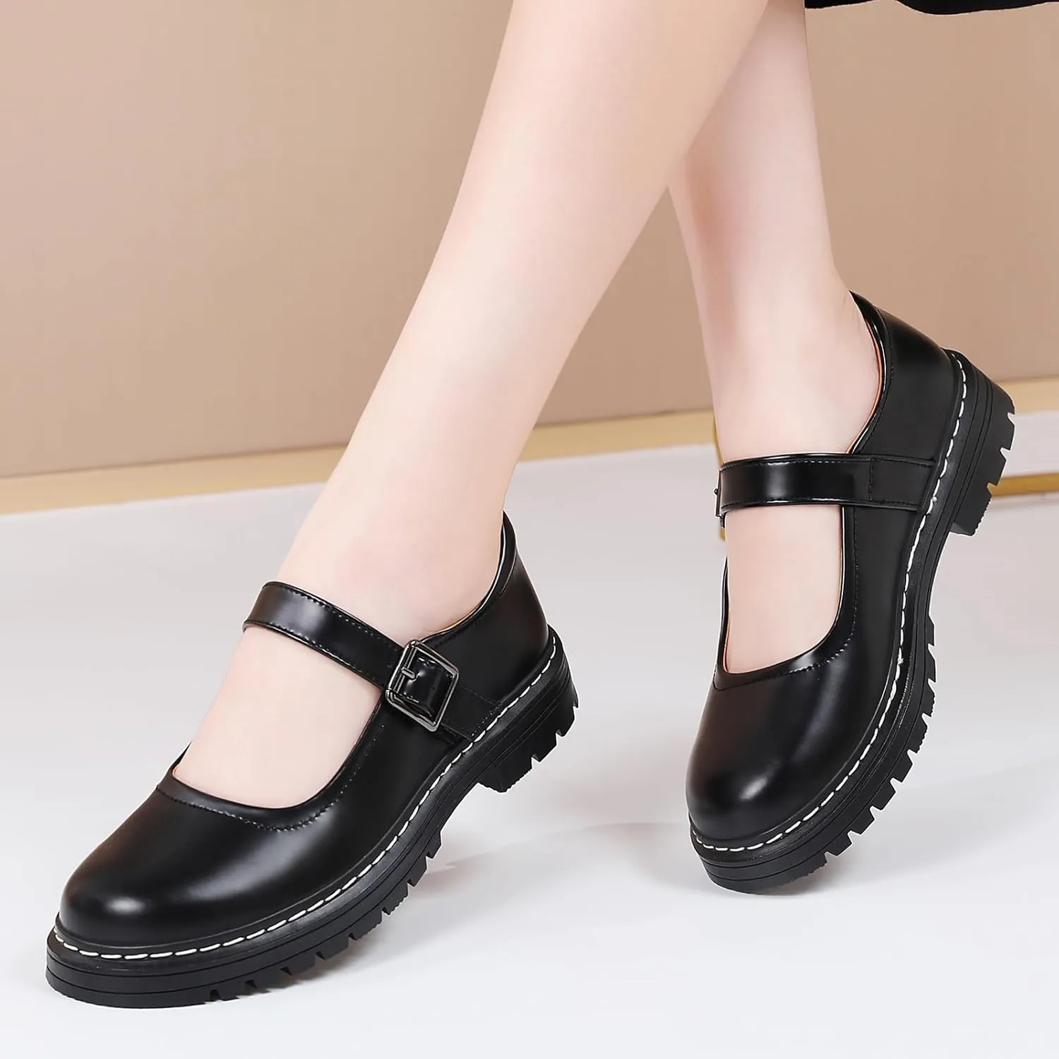 Mary Jane Shoes Women Platform Non-Slip Classics Round Toe Ankle Strap Comfort Casual Oxford Dress Work Mary Jane Flat Shoes