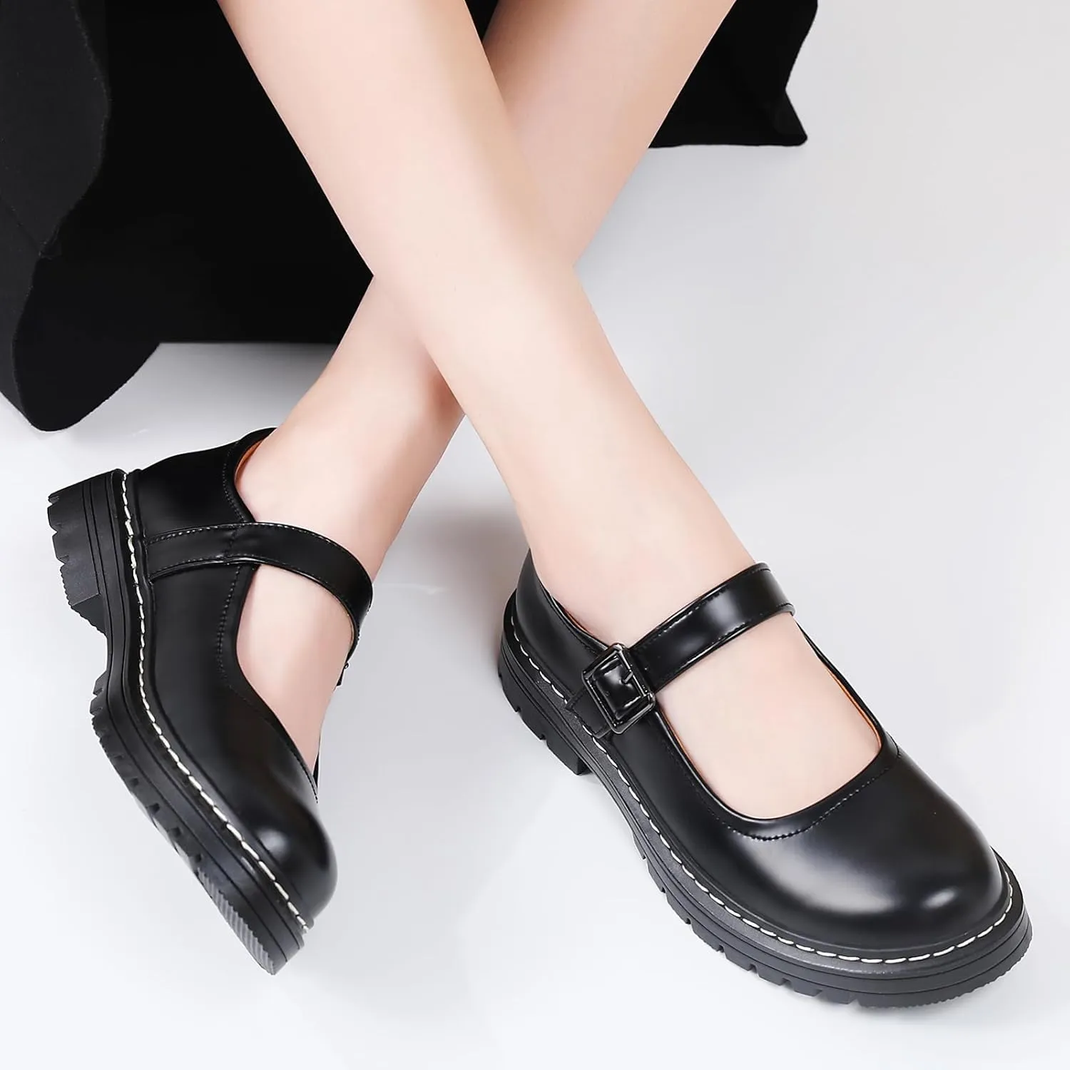 Mary Jane Shoes Women Platform Non-Slip Classics Round Toe Ankle Strap Comfort Casual Oxford Dress Work Mary Jane Flat Shoes