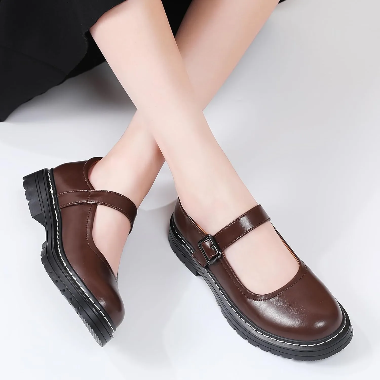 Mary Jane Shoes Women Platform Non-Slip Classics Round Toe Ankle Strap Comfort Casual Oxford Dress Work Mary Jane Flat Shoes