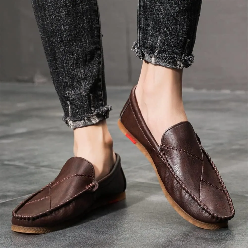 Men's Loafers Vegan Leather Stitching Details Rubber Sole Round Toe Flat Heel Comfortable Slip Resistant Casual Slip-on