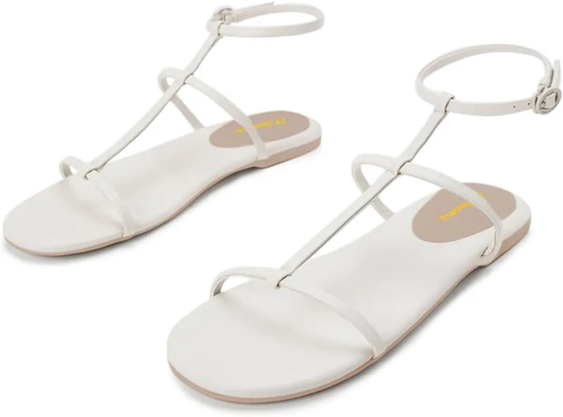 Milooey shoes Womens Strappy Open Toe Flat Sandals Ankle Strap Summer Shoes for Daily Walking Party Dress Size 4-16 US