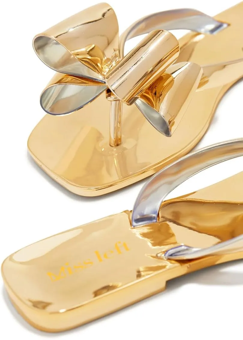 miss left Women Versatile Open Square Toe Flip Flops Double Bowknots Slip On Thong Sandal Flats Summer Prom Walking Shoes Size 4-16 US