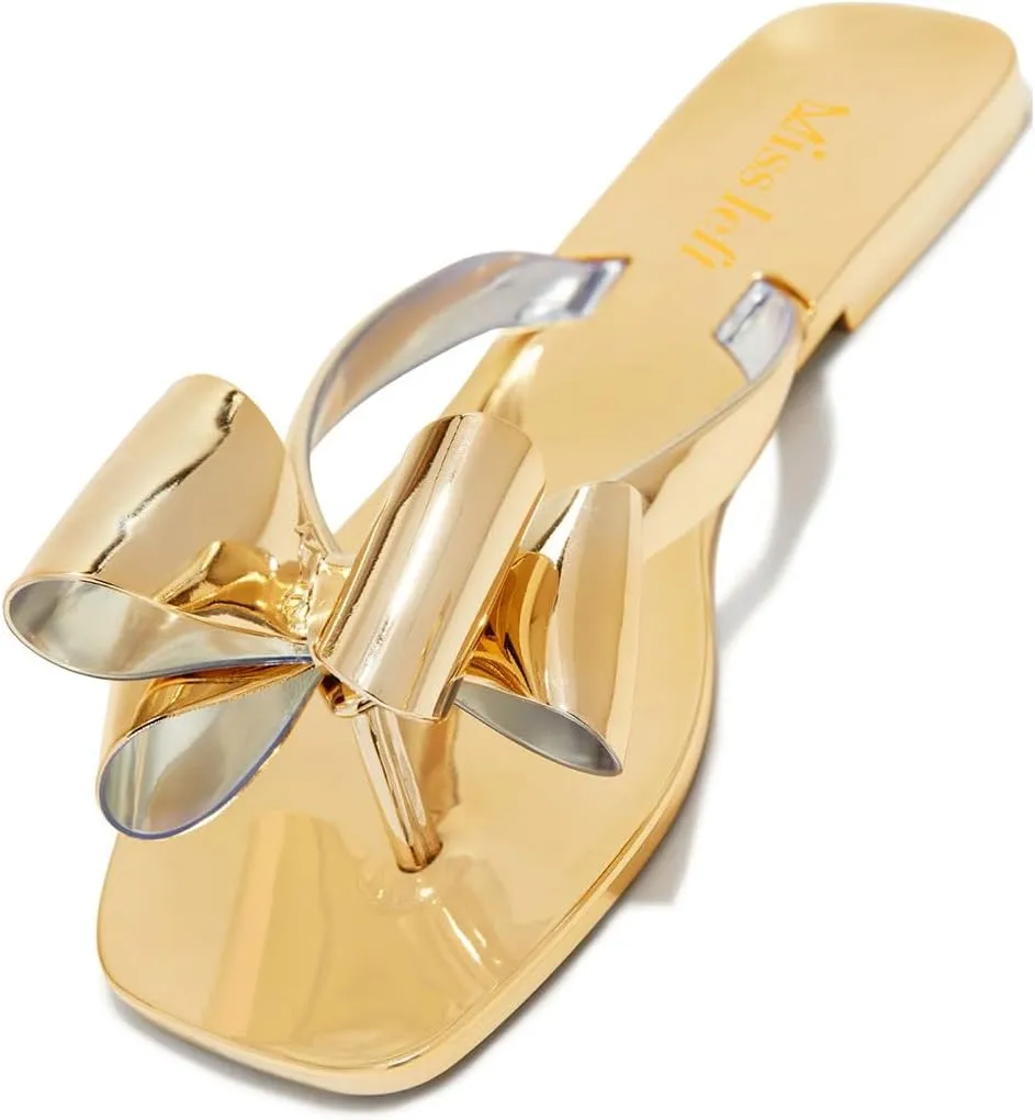 miss left Women Versatile Open Square Toe Flip Flops Double Bowknots Slip On Thong Sandal Flats Summer Prom Walking Shoes Size 4-16 US
