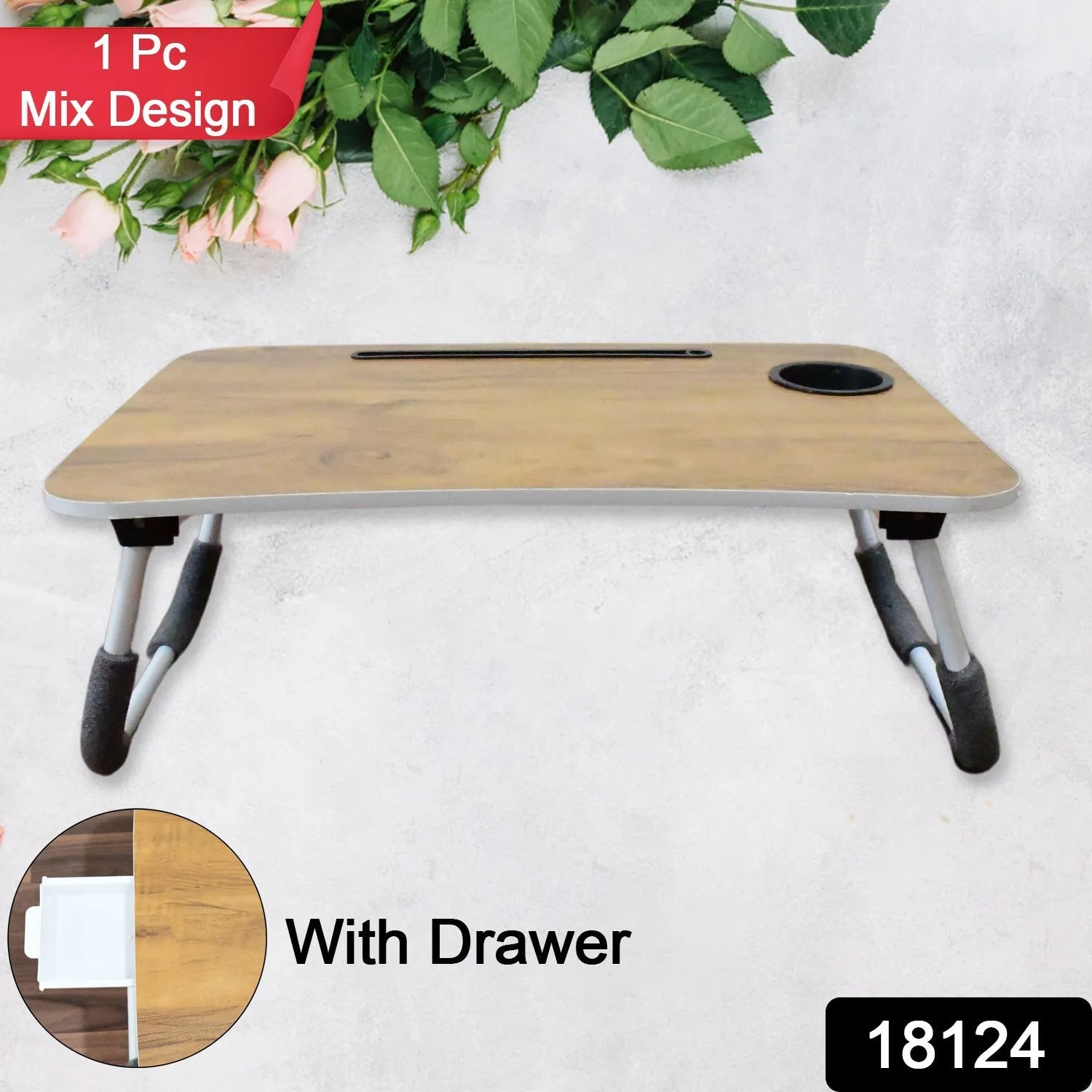 Multi-Purpose Laptop Desk for Study and Reading with Foldable, Cupholder & Drawer (1 Pc / Mix Plain Design / 5838 Cm)
