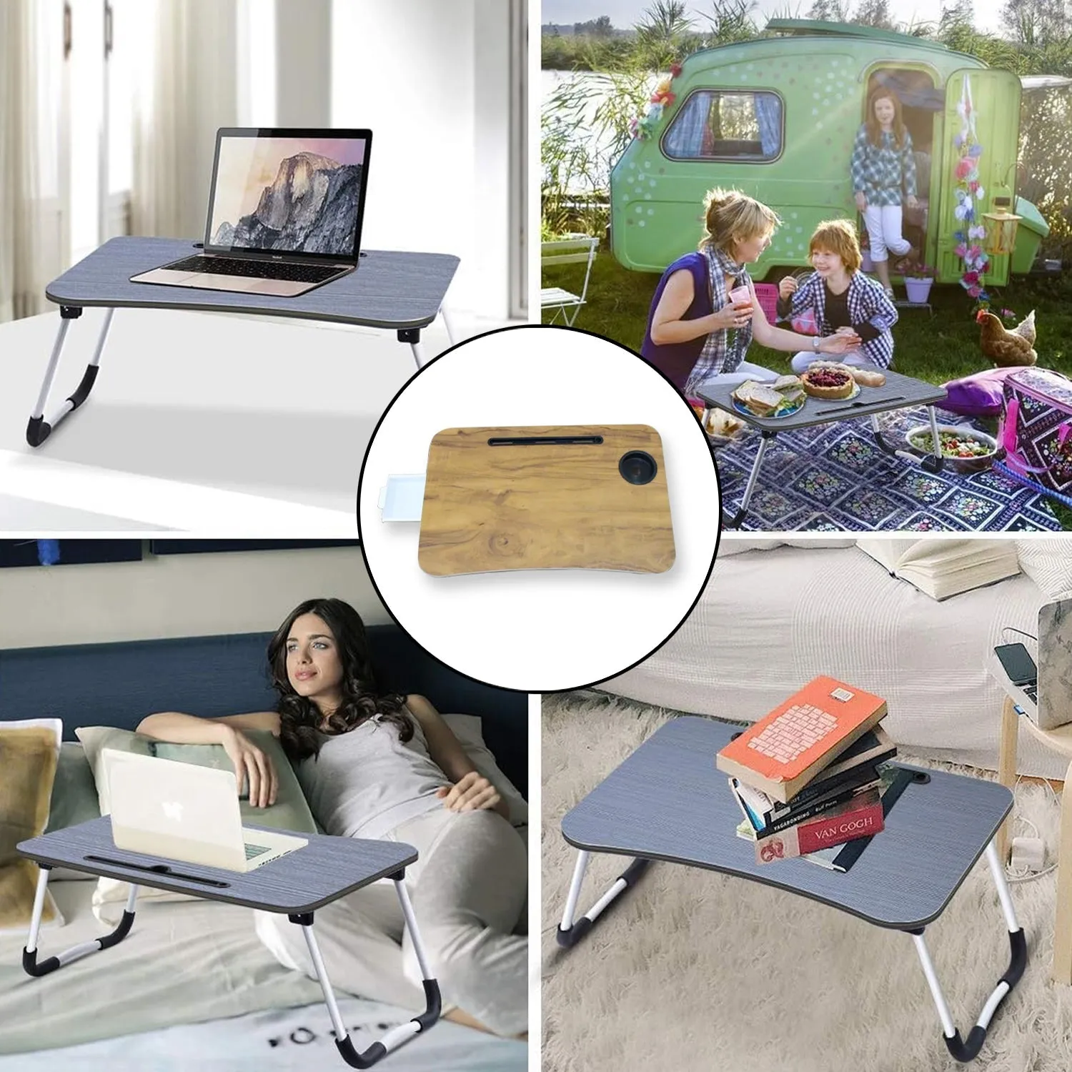 Multi-Purpose Laptop Desk for Study and Reading with Foldable, Cupholder & Drawer (1 Pc / Mix Plain Design / 5838 Cm)