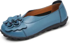 NEKGNL Women's Genuine Leather Flowers Loafers Comfortable Round Toe Soft Bottom Slip On Driving Flats Lightweight Non-Slip Mom Nurse Walking Shoes