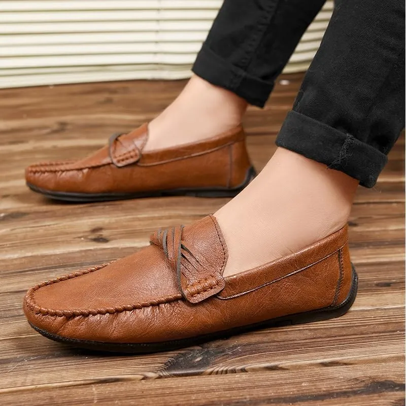New Men's Loafers Round Toe Vegan Leather Loafer Shoes Flexible Flat Heel Slip Resistant Wedding Slip-ons