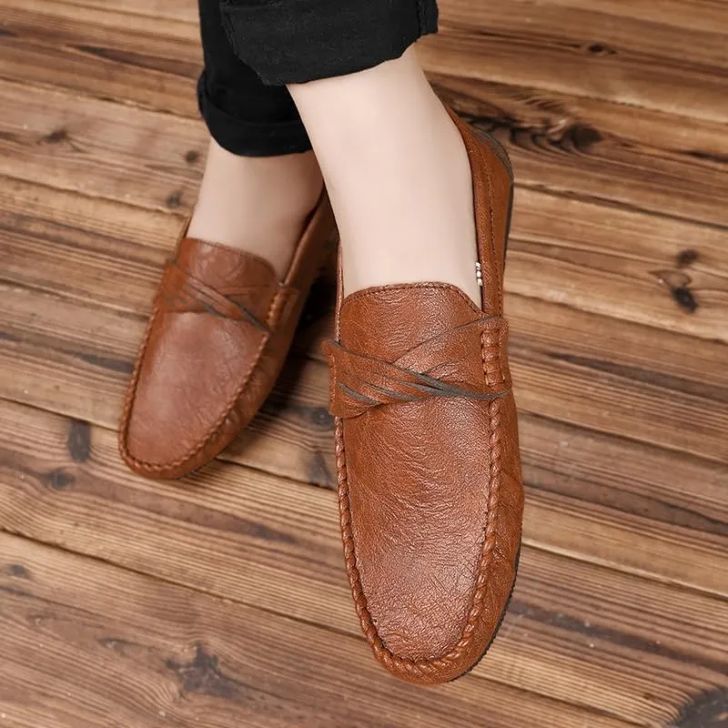 New Men's Loafers Round Toe Vegan Leather Loafer Shoes Flexible Flat Heel Slip Resistant Wedding Slip-ons