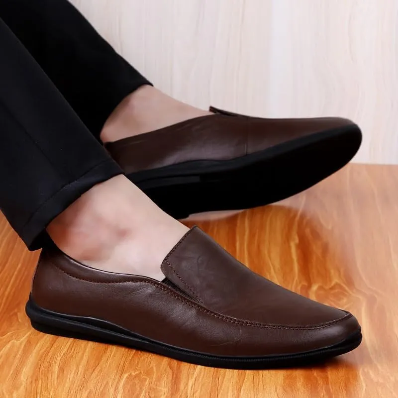 New Mens Loafers Solid Color Round Toe Vegan Leather Loafer Shoes Lightweight Anti-Slip Flat Heel Fashion Slip-on