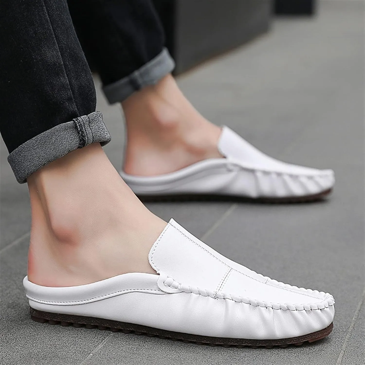 New Mens Loafers Stitching Details Backless Moccasins Shoes Vegan Leather Flat Heel Slip Resistant Flexible Outdoor Party Slip-ons