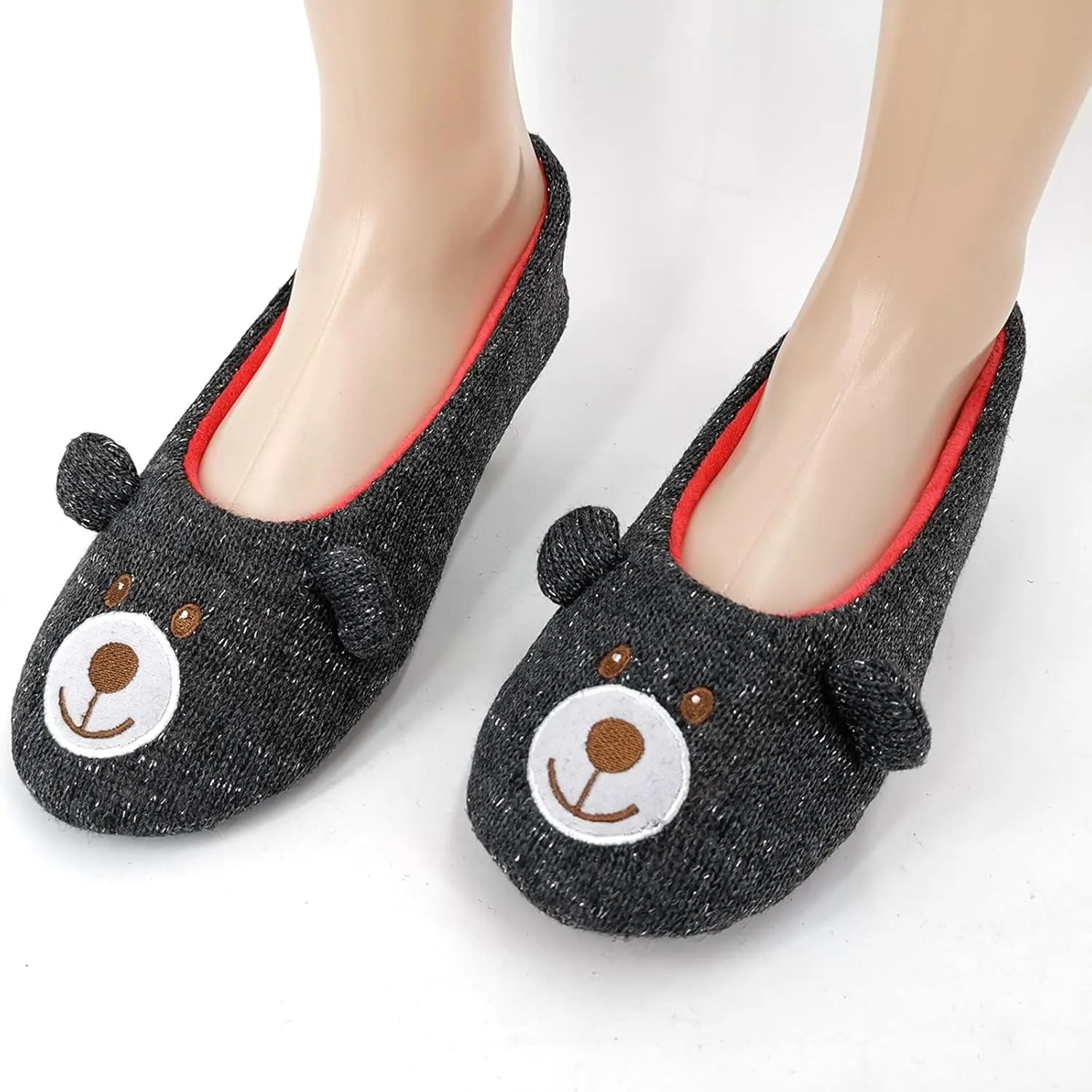 ofoot Womens Cute Knit Ballerina/Ballet House Slippers Flats Fuzzy Slip On Shoes Fluffy Lining Non Skid Rubber Soles Frog Bear Owl Rat Raccoon Styles