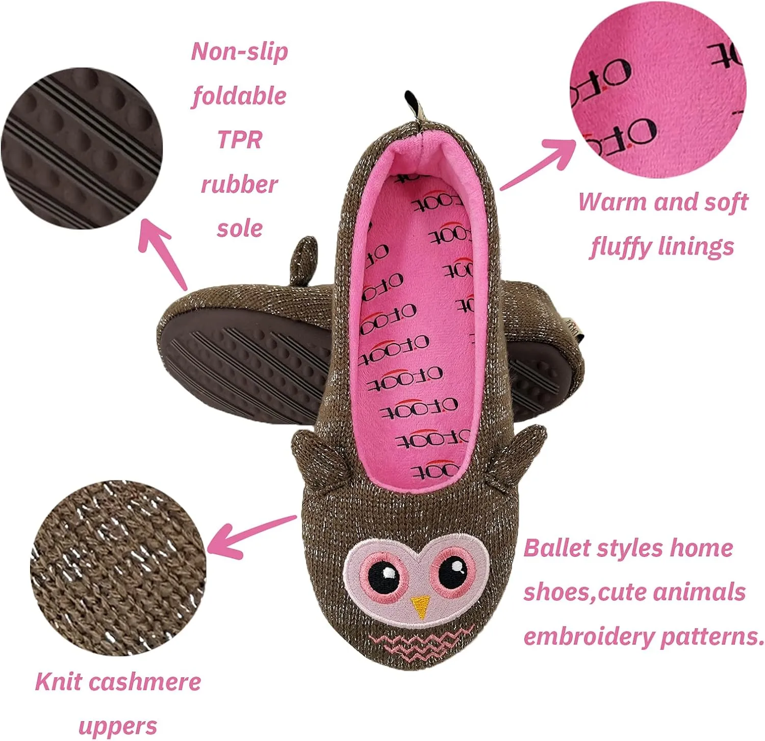 ofoot Womens Cute Knit Ballerina/Ballet House Slippers Flats Fuzzy Slip On Shoes Fluffy Lining Non Skid Rubber Soles Frog Bear Owl Rat Raccoon Styles