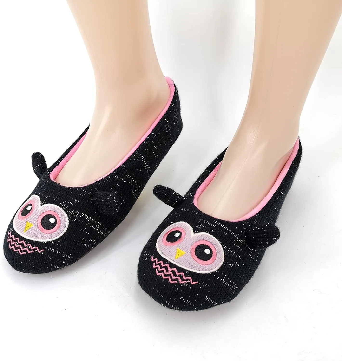 ofoot Womens Cute Knit Ballerina/Ballet House Slippers Flats Fuzzy Slip On Shoes Fluffy Lining Non Skid Rubber Soles Frog Bear Owl Rat Raccoon Styles