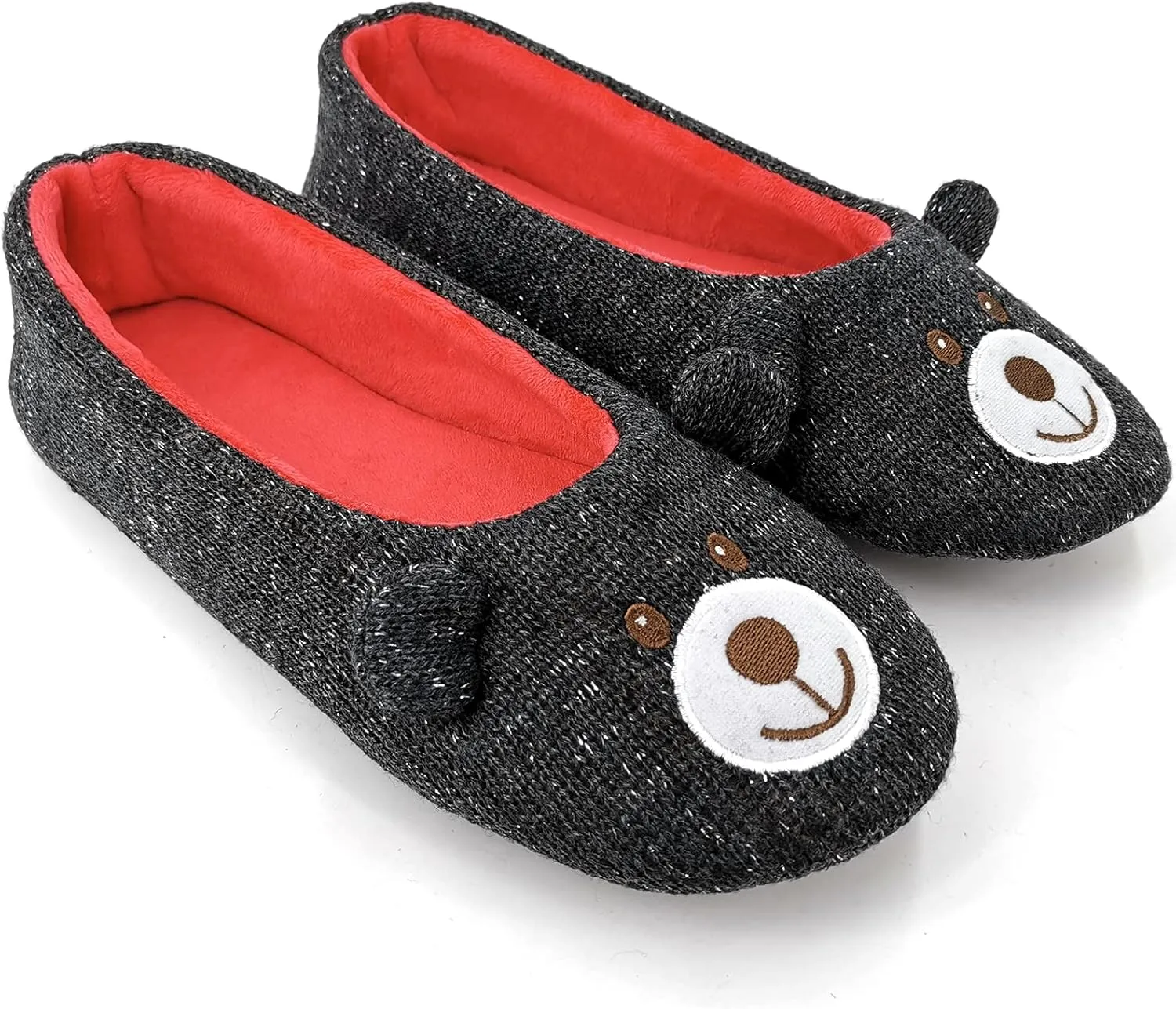 ofoot Womens Cute Knit Ballerina/Ballet House Slippers Flats Fuzzy Slip On Shoes Fluffy Lining Non Skid Rubber Soles Frog Bear Owl Rat Raccoon Styles