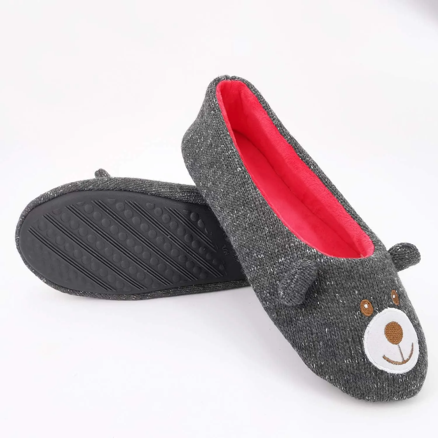 ofoot Womens Cute Knit Ballerina/Ballet House Slippers Flats Fuzzy Slip On Shoes Fluffy Lining Non Skid Rubber Soles Frog Bear Owl Rat Raccoon Styles