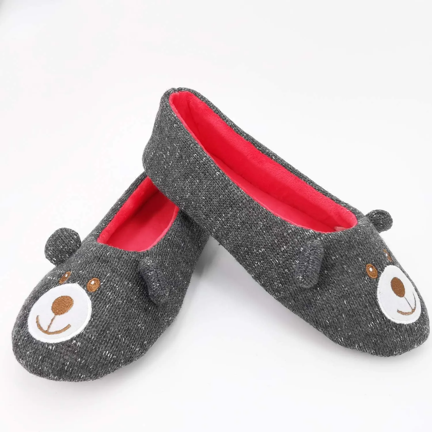 ofoot Womens Cute Knit Ballerina/Ballet House Slippers Flats Fuzzy Slip On Shoes Fluffy Lining Non Skid Rubber Soles Frog Bear Owl Rat Raccoon Styles