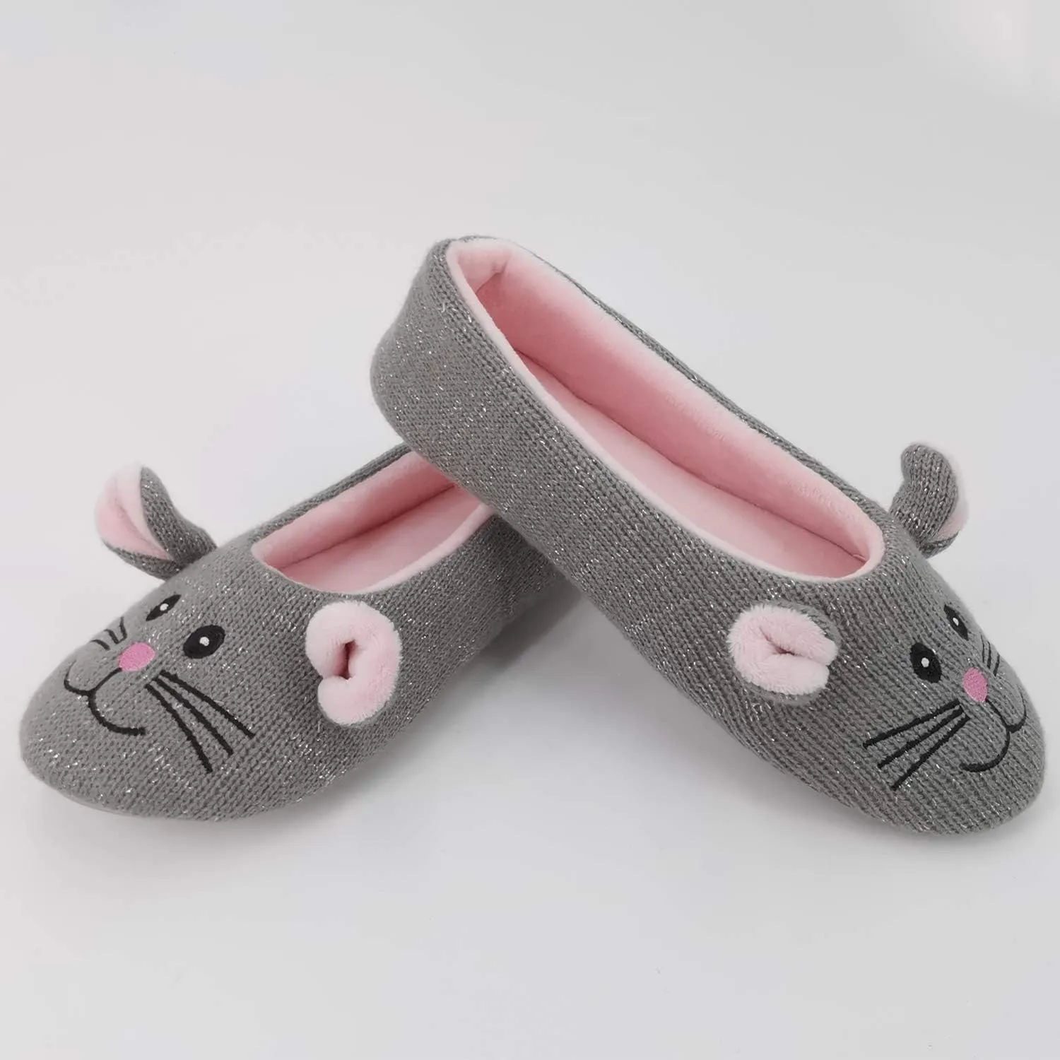ofoot Womens Cute Knit Ballerina/Ballet House Slippers Flats Fuzzy Slip On Shoes Fluffy Lining Non Skid Rubber Soles Frog Bear Owl Rat Raccoon Styles