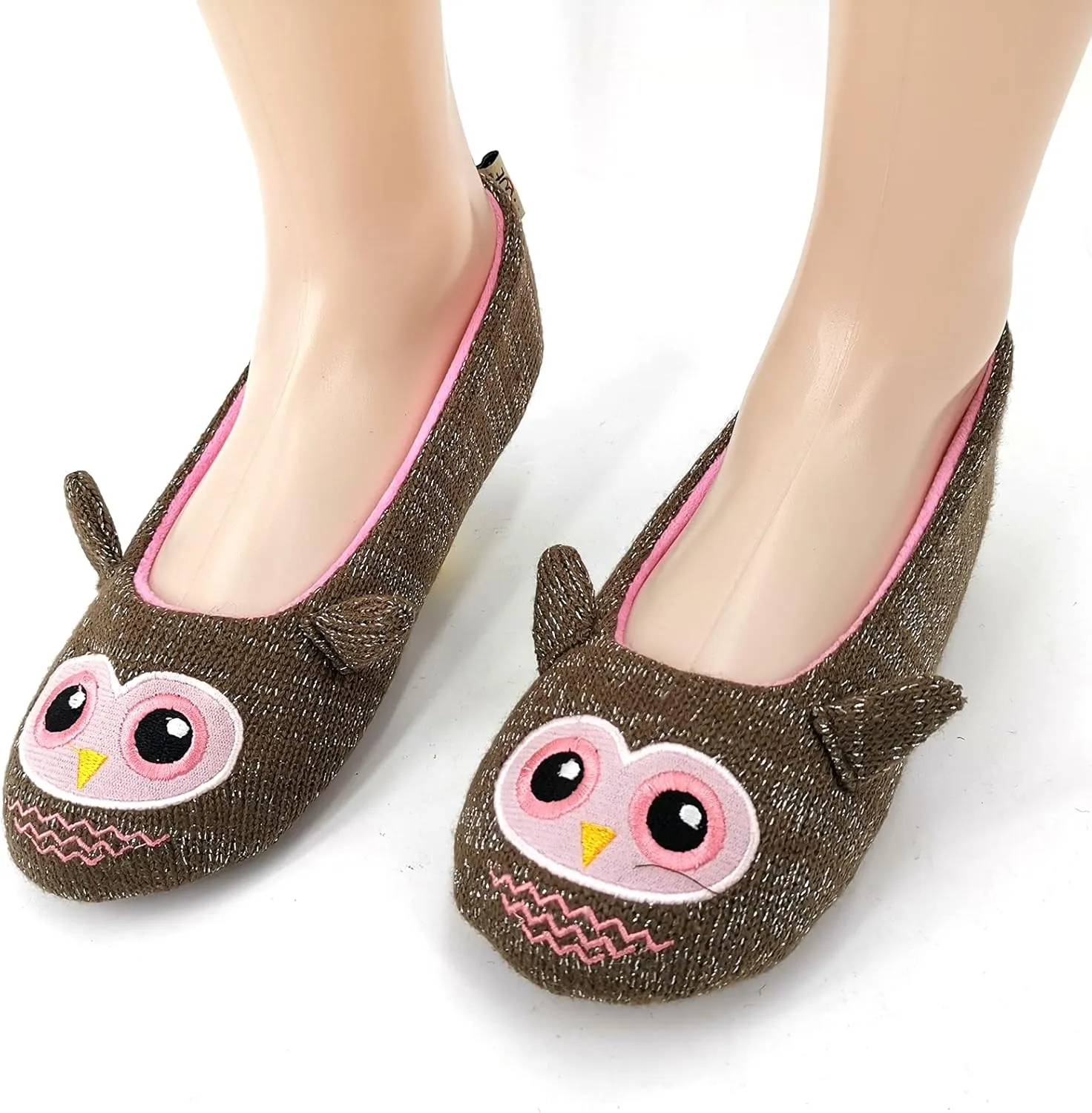 ofoot Womens Cute Knit Ballerina/Ballet House Slippers Flats Fuzzy Slip On Shoes Fluffy Lining Non Skid Rubber Soles Frog Bear Owl Rat Raccoon Styles