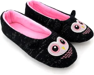 ofoot Womens Cute Knit Ballerina/Ballet House Slippers Flats Fuzzy Slip On Shoes Fluffy Lining Non Skid Rubber Soles Frog Bear Owl Rat Raccoon Styles