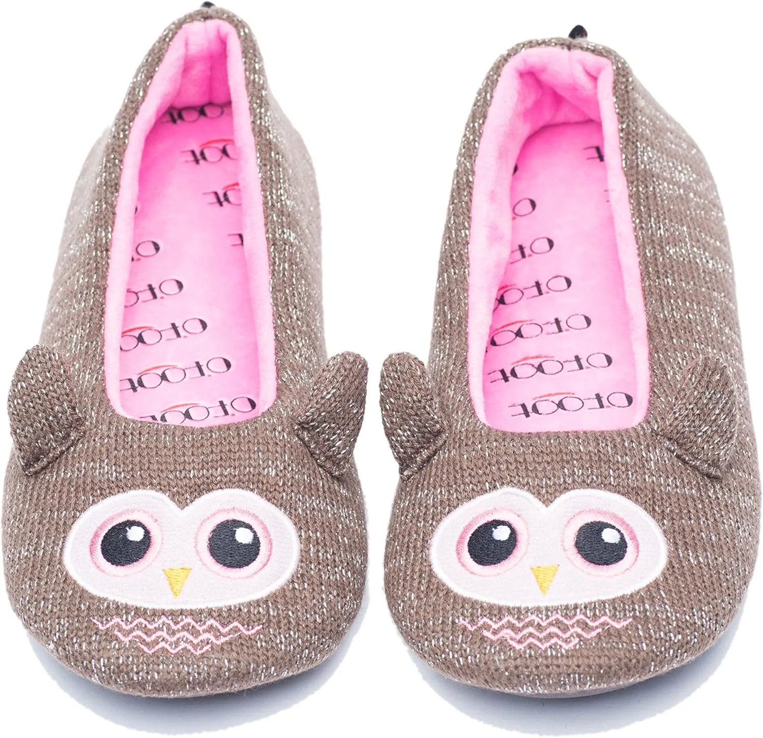 ofoot Womens Cute Knit Ballerina/Ballet House Slippers Flats Fuzzy Slip On Shoes Fluffy Lining Non Skid Rubber Soles Frog Bear Owl Rat Raccoon Styles