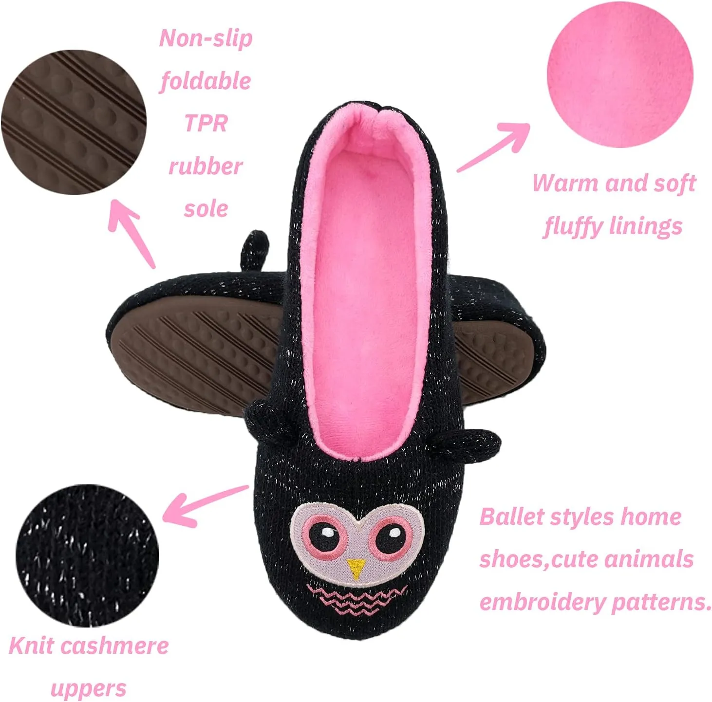 ofoot Womens Cute Knit Ballerina/Ballet House Slippers Flats Fuzzy Slip On Shoes Fluffy Lining Non Skid Rubber Soles Frog Bear Owl Rat Raccoon Styles
