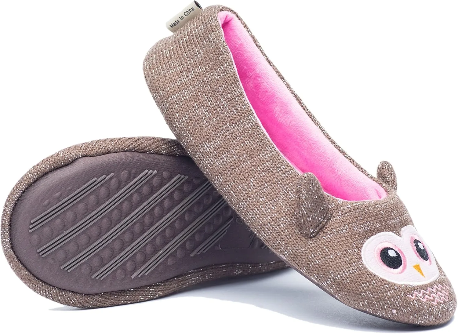 ofoot Womens Cute Knit Ballerina/Ballet House Slippers Flats Fuzzy Slip On Shoes Fluffy Lining Non Skid Rubber Soles Frog Bear Owl Rat Raccoon Styles