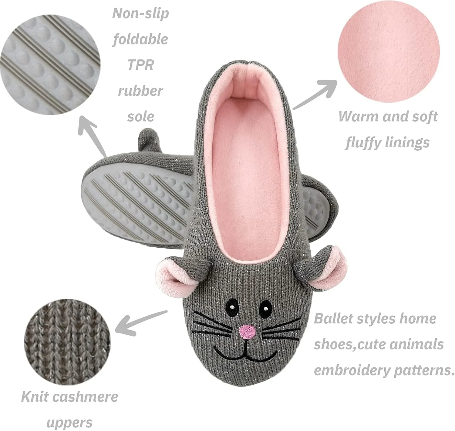 ofoot Womens Cute Knit Ballerina/Ballet House Slippers Flats Fuzzy Slip On Shoes Fluffy Lining Non Skid Rubber Soles Frog Bear Owl Rat Raccoon Styles