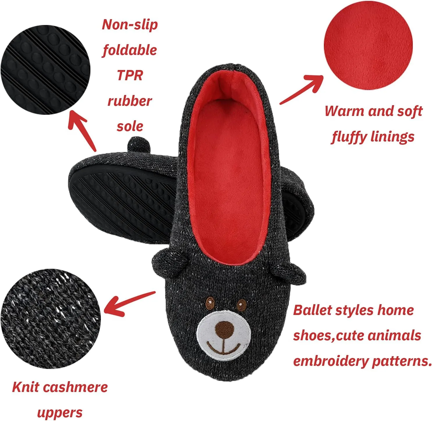 ofoot Womens Cute Knit Ballerina/Ballet House Slippers Flats Fuzzy Slip On Shoes Fluffy Lining Non Skid Rubber Soles Frog Bear Owl Rat Raccoon Styles