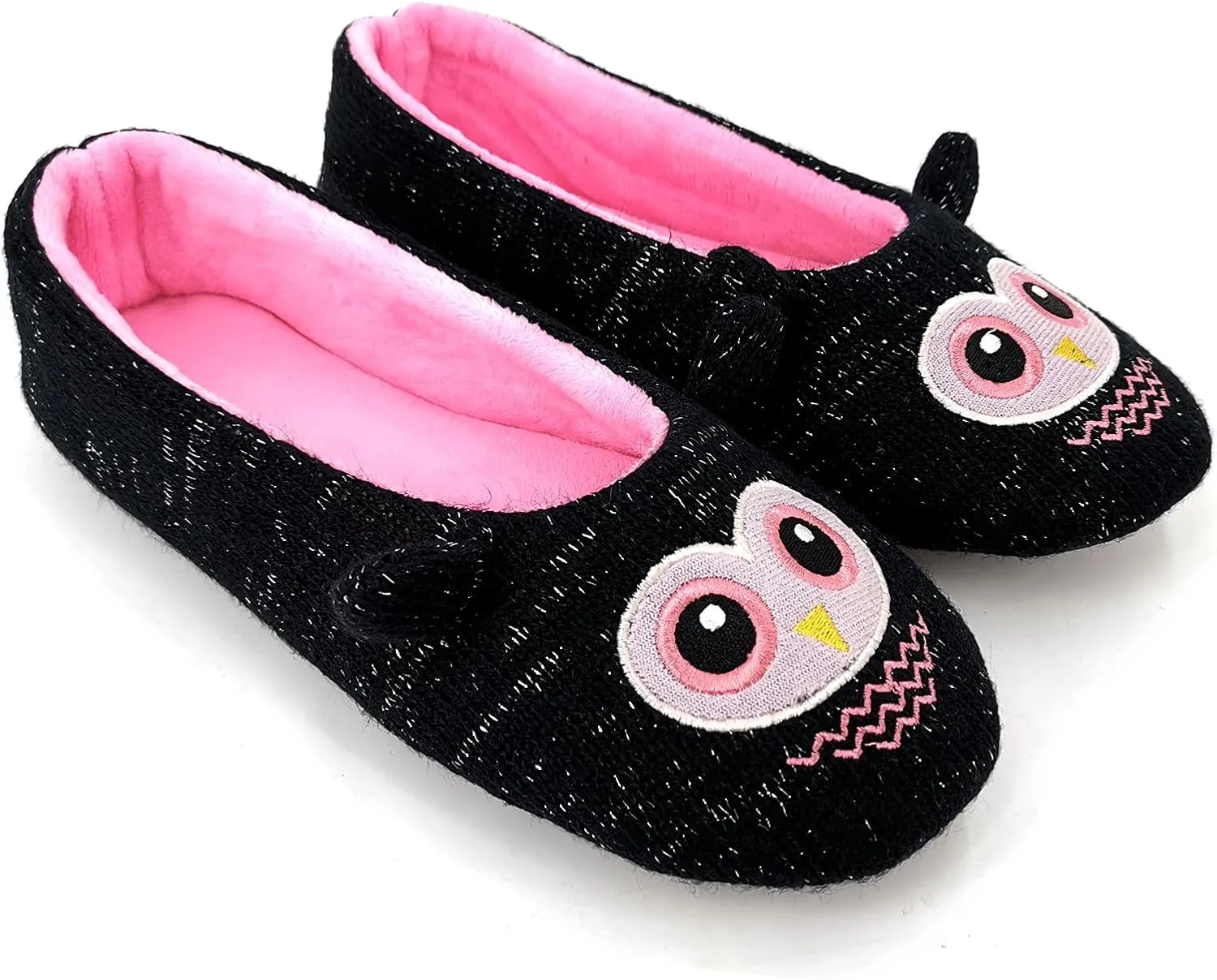 ofoot Womens Cute Knit Ballerina/Ballet House Slippers Flats Fuzzy Slip On Shoes Fluffy Lining Non Skid Rubber Soles Frog Bear Owl Rat Raccoon Styles