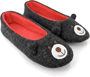 ofoot Womens Cute Knit Ballerina/Ballet House Slippers Flats Fuzzy Slip On Shoes Fluffy Lining Non Skid Rubber Soles Frog Bear Owl Rat Raccoon Styles