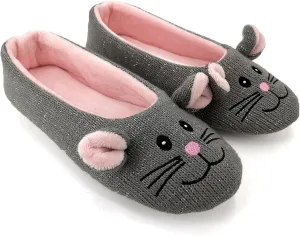 ofoot Womens Cute Knit Ballerina/Ballet House Slippers Flats Fuzzy Slip On Shoes Fluffy Lining Non Skid Rubber Soles Frog Bear Owl Rat Raccoon Styles