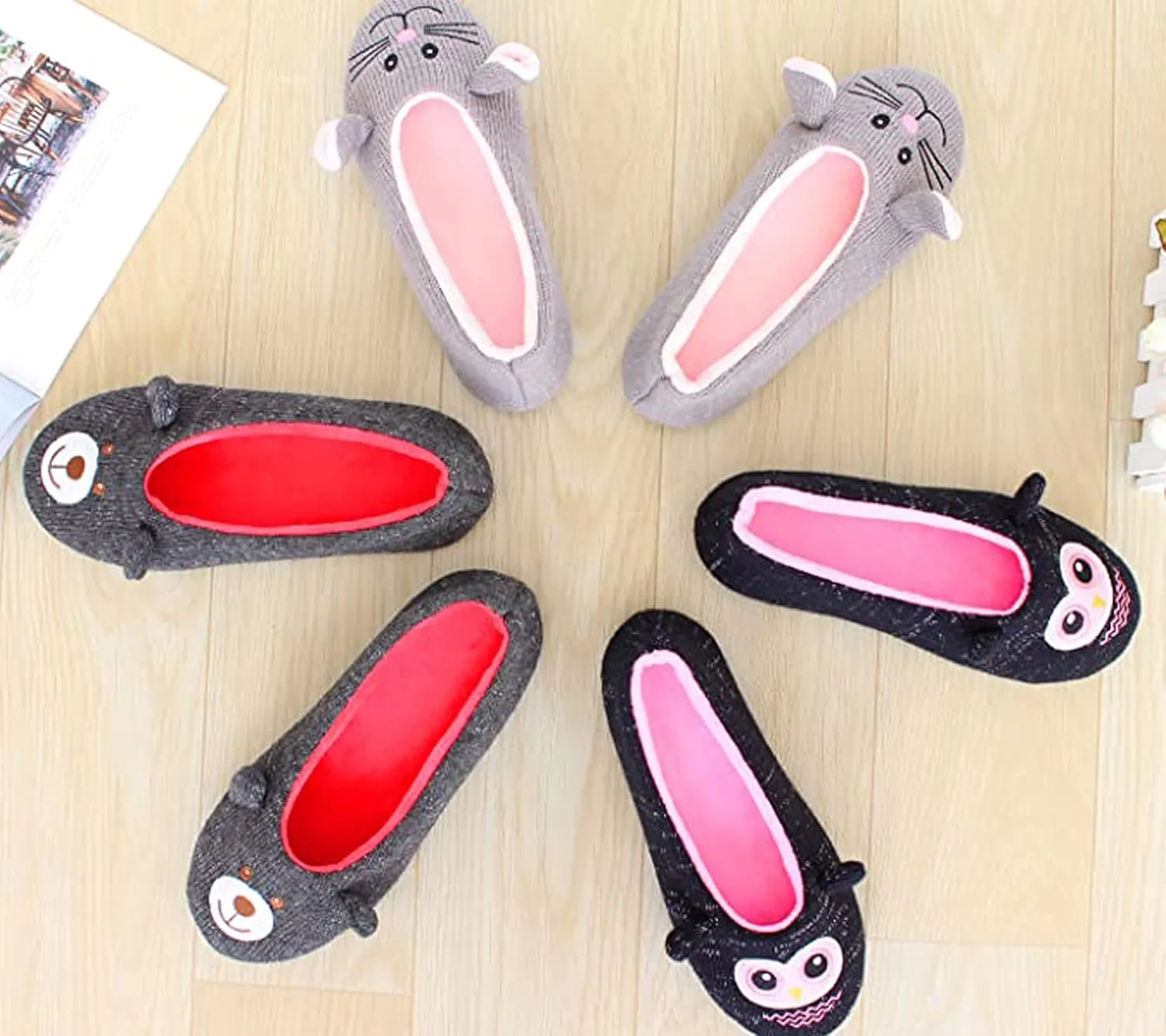 ofoot Womens Cute Knit Ballerina/Ballet House Slippers Flats Fuzzy Slip On Shoes Fluffy Lining Non Skid Rubber Soles Frog Bear Owl Rat Raccoon Styles