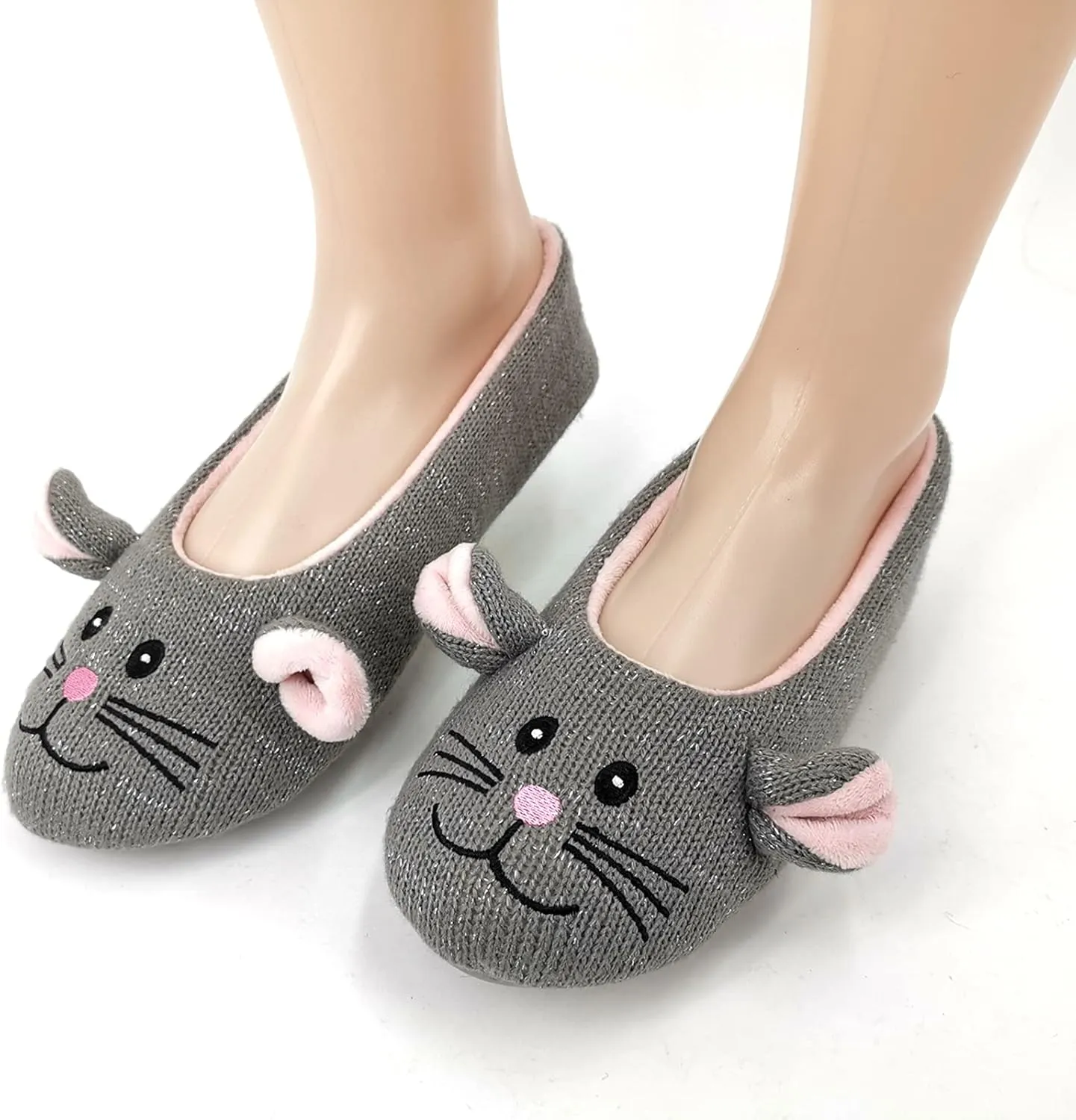 ofoot Womens Cute Knit Ballerina/Ballet House Slippers Flats Fuzzy Slip On Shoes Fluffy Lining Non Skid Rubber Soles Frog Bear Owl Rat Raccoon Styles