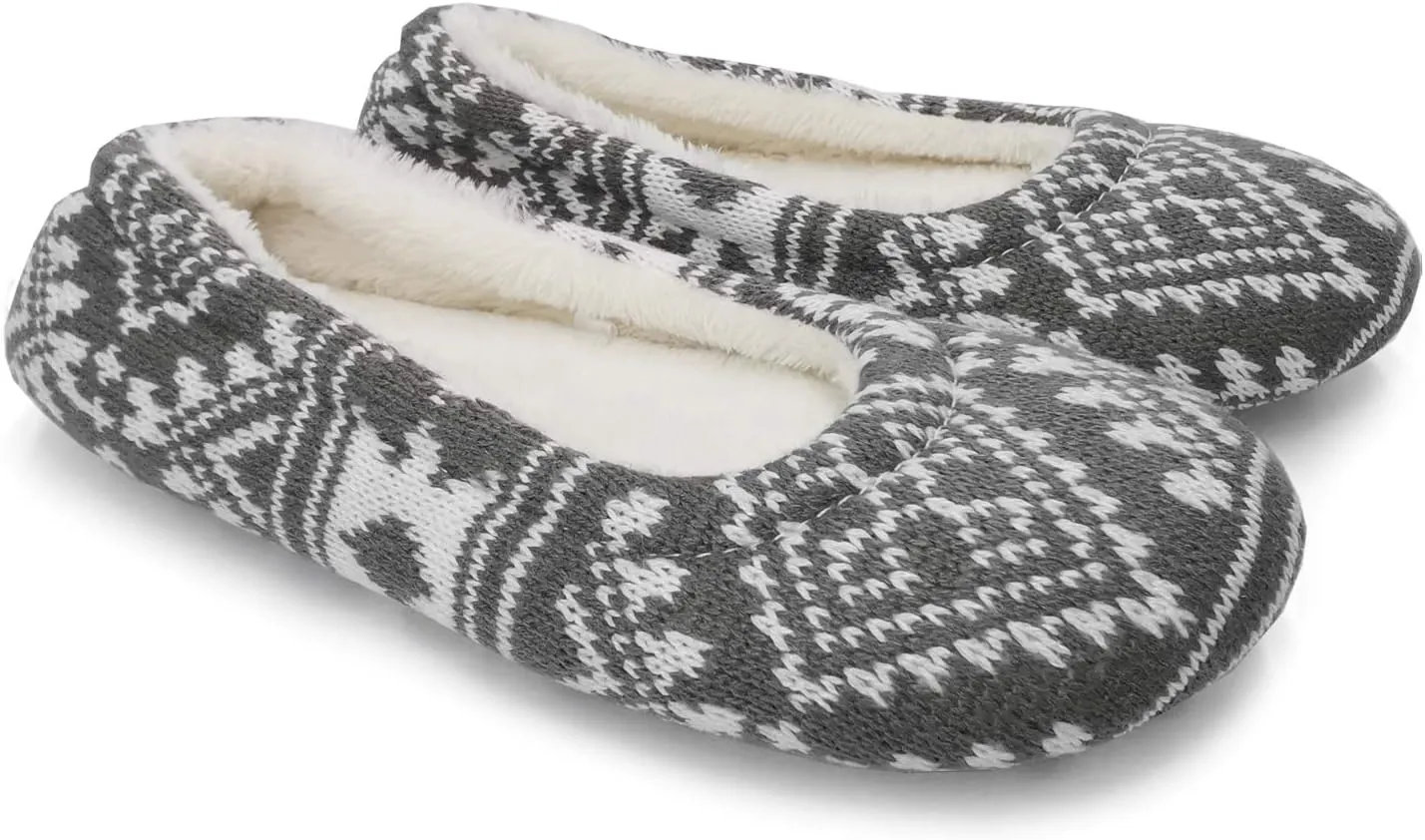 ofoot Womens Indoor Warm Knit House Shoes,Ballerina Slipper Socks,Washable Ballet Style Flats,Soft Soled Non Slip Rubber Bottom with Grips
