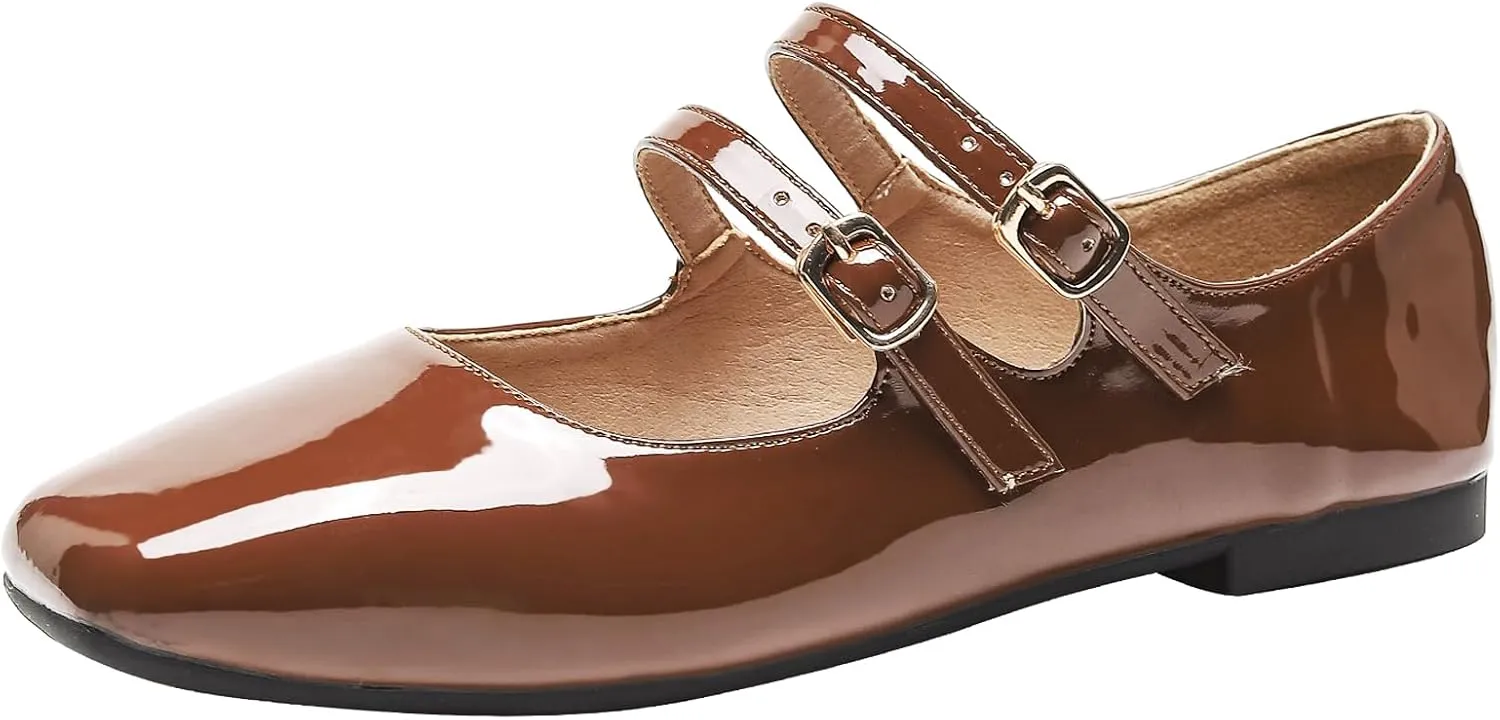 Optigard Women's Patent Leather Mary Jane Flats Comfortable Square Toe Adjustable Double Strap Flat Dress Shoes