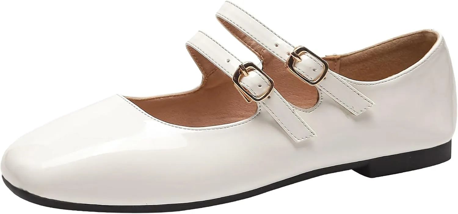 Optigard Women's Patent Leather Mary Jane Flats Comfortable Square Toe Adjustable Double Strap Flat Dress Shoes