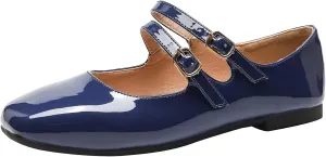 Optigard Women's Patent Leather Mary Jane Flats Comfortable Square Toe Adjustable Double Strap Flat Dress Shoes