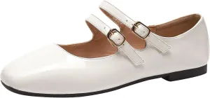Optigard Women's Patent Leather Mary Jane Flats Comfortable Square Toe Adjustable Double Strap Flat Dress Shoes