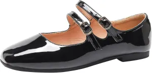 Optigard Women's Patent Leather Mary Jane Flats Comfortable Square Toe Adjustable Double Strap Flat Dress Shoes