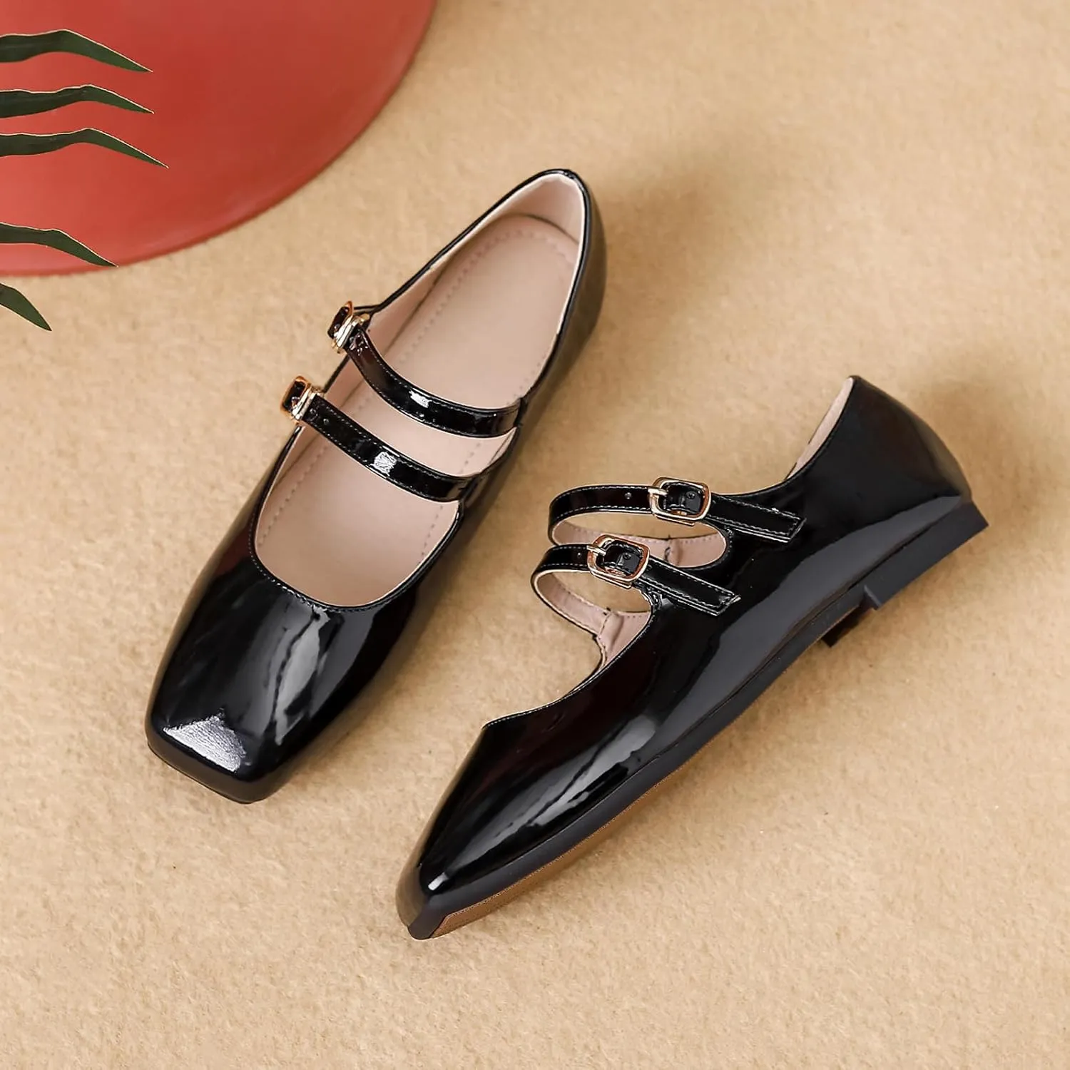 Optigard Women's Patent Leather Mary Jane Flats Comfortable Square Toe Adjustable Double Strap Flat Dress Shoes
