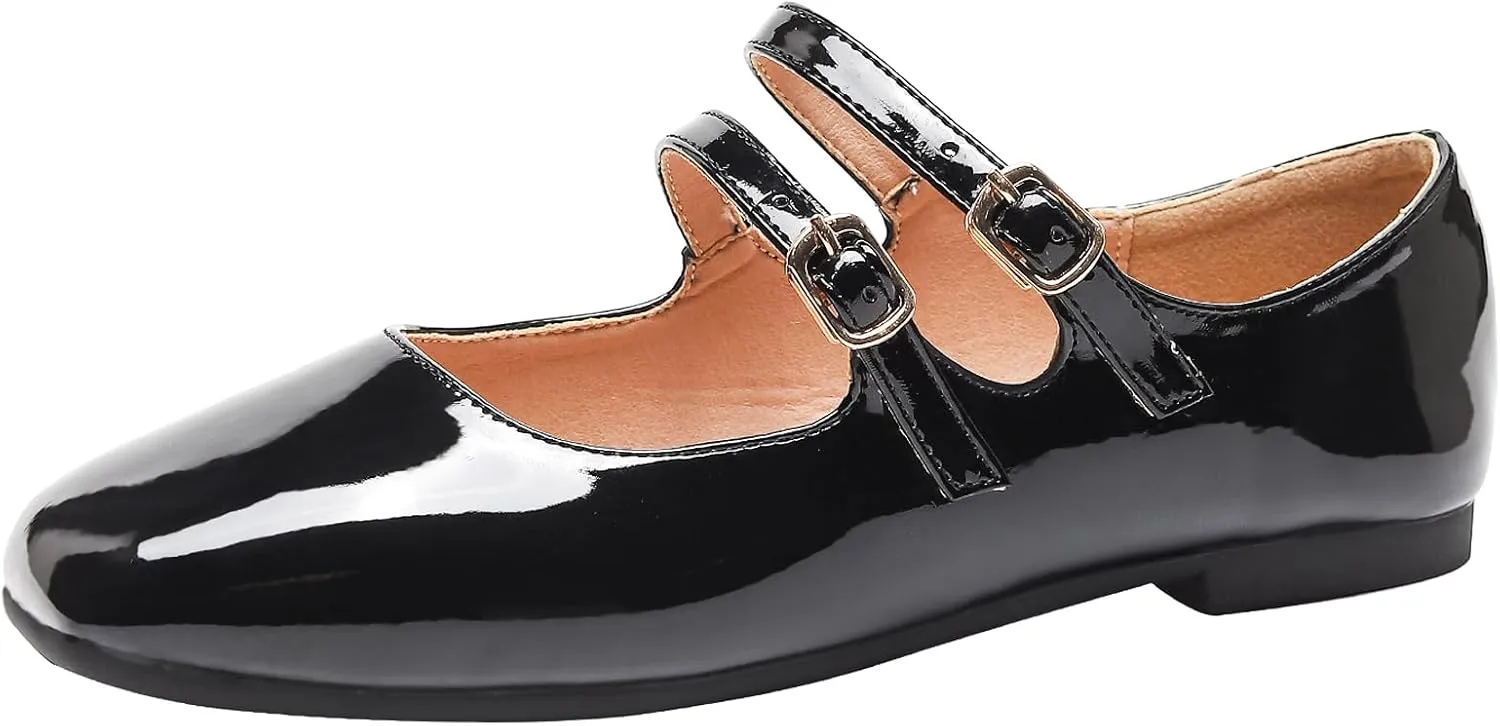 Optigard Women's Patent Leather Mary Jane Flats Comfortable Square Toe Adjustable Double Strap Flat Dress Shoes