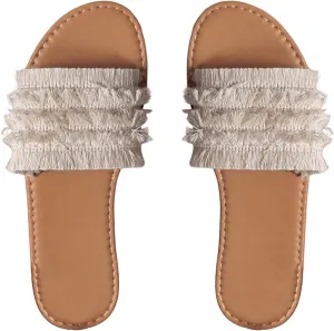 OYOANGLE Women's Fringe PU Leather Flat Sandals Open Toe Slip On Vacation Slides Sandal