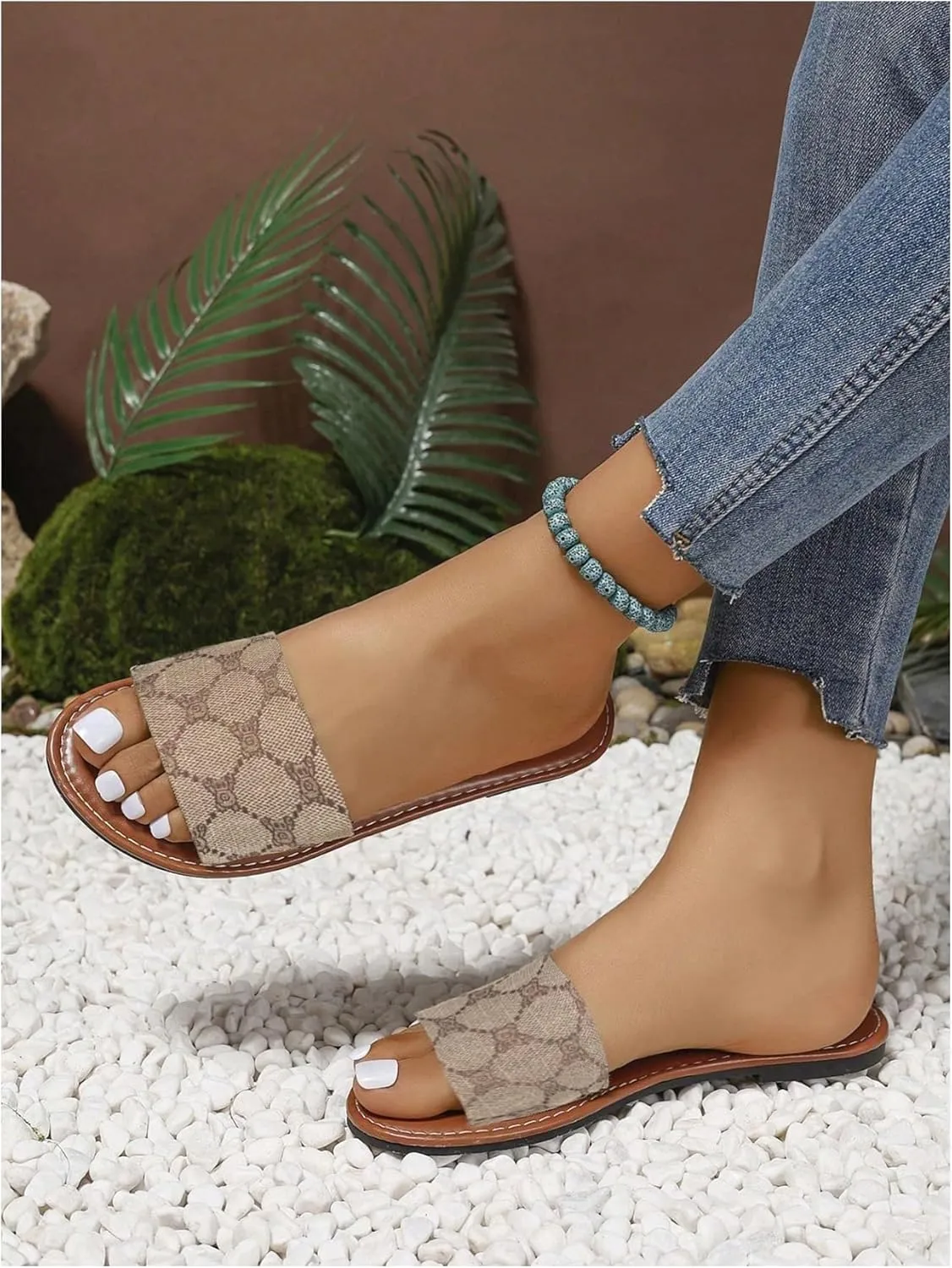OYOANGLE Women's Retro Vintage PU Leather Flat Sandals Open Toe Single Band Casual Slide Shoes