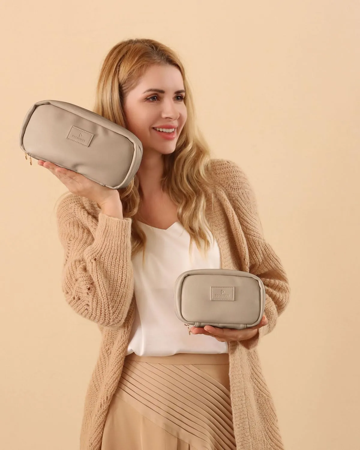 Pocmimut 2Pack Open Flat Small Makeup Bag with Large Makeup Bag Birthday Christmas Gifts for Mom and Lover,Apricot