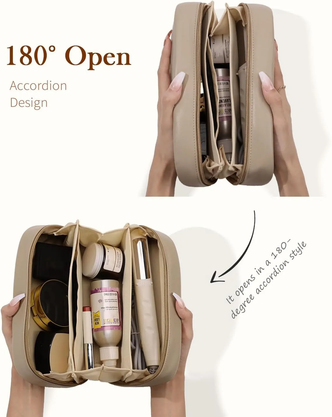 Pocmimut 2Pack Open Flat Small Makeup Bag with Large Makeup Bag Birthday Christmas Gifts for Mom and Lover,Apricot
