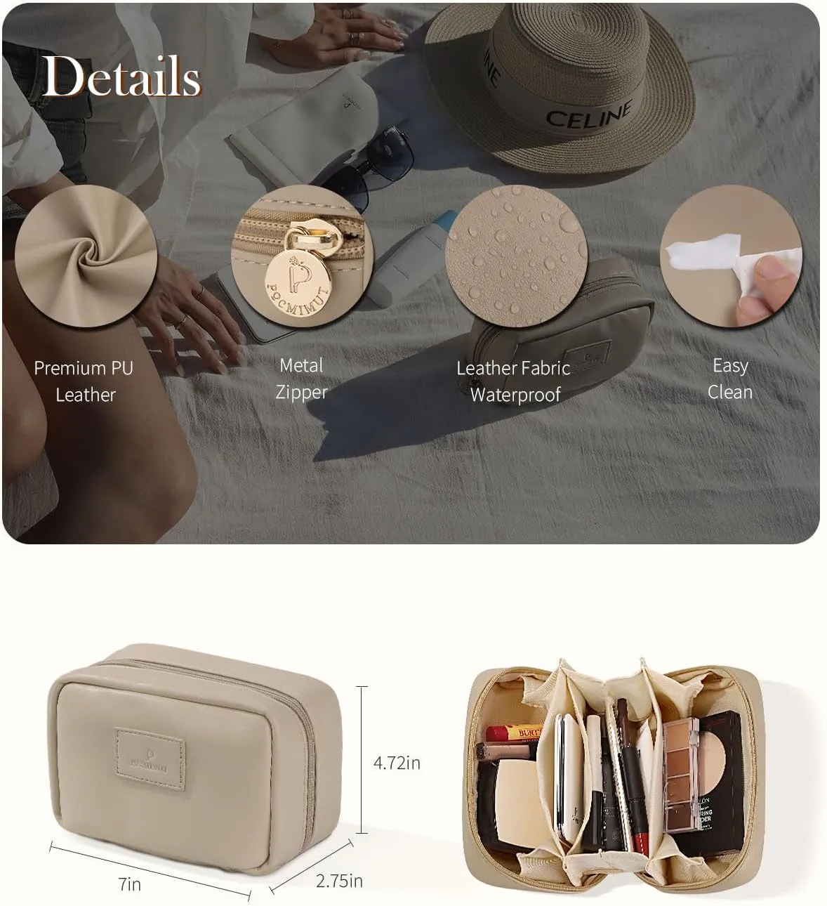 Pocmimut 2Pack Open Flat Small Makeup Bag with Large Makeup Bag Birthday Christmas Gifts for Mom and Lover,Apricot